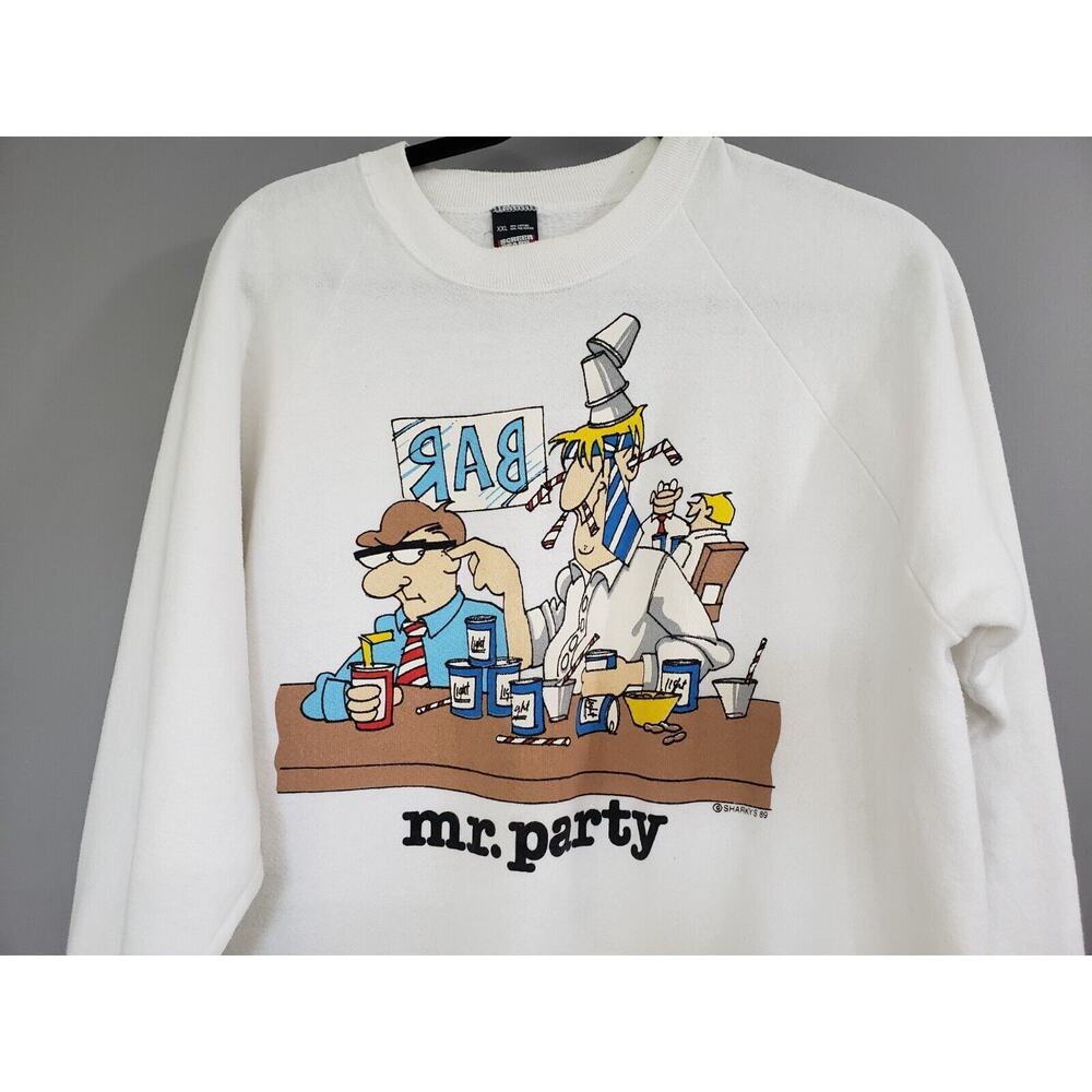 Vintage 1989 Sharkys “Mr. Party” Crewneck Sweatshirt 2XL Made In USA